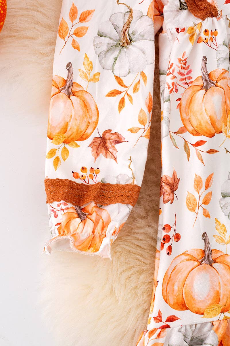 Pumpkin fall printed girls dress with angel sleeve. DRG53050 MON: XL