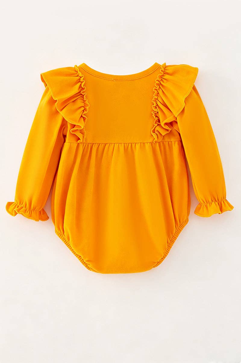 Pumpkin applique baby bodysuit with snaps.