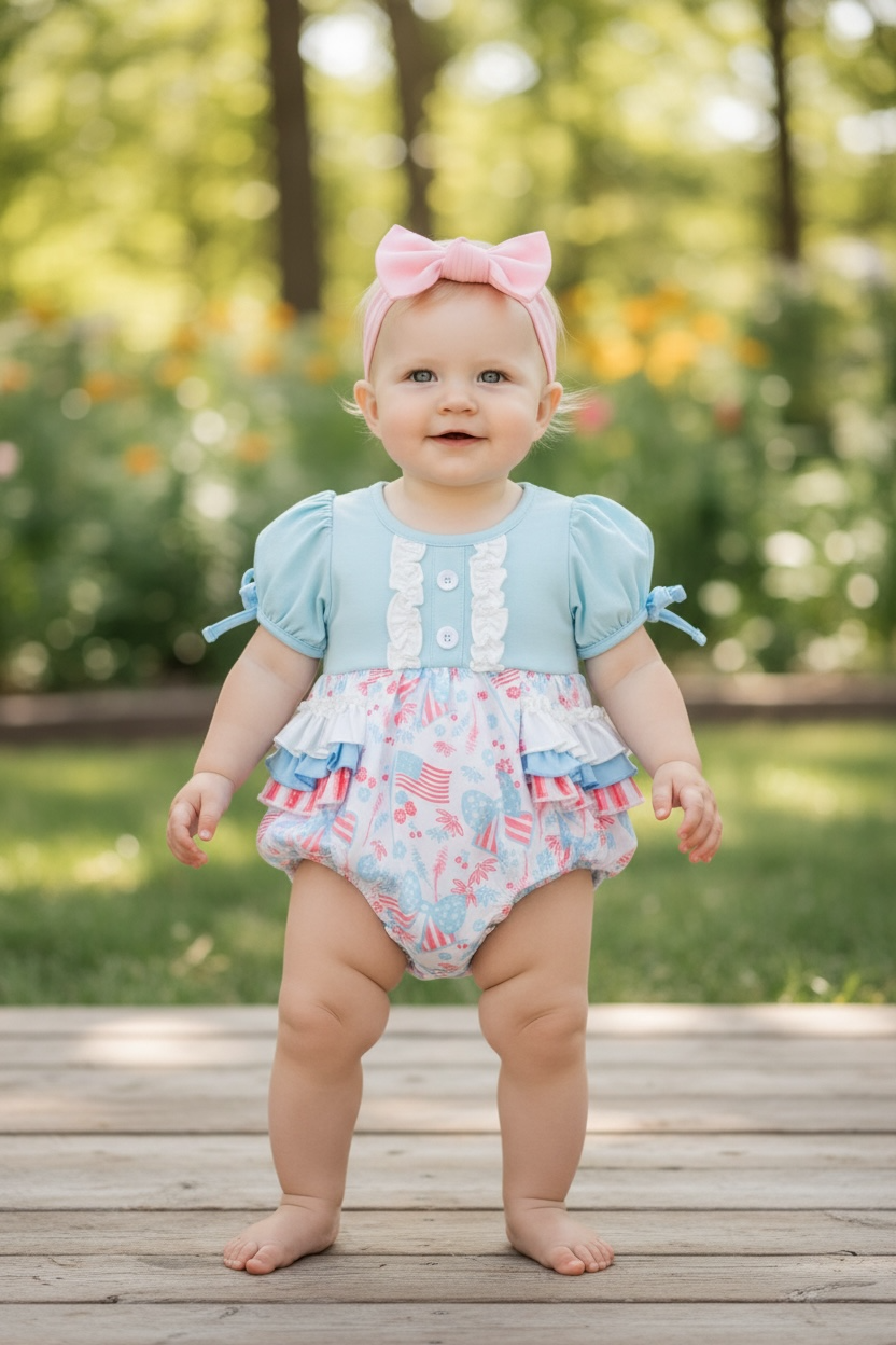 Baby blue multi-printed patriotic baby romper.