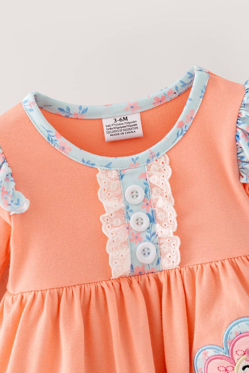 Coral & blue floral w/ turkey applique baby bodysuit