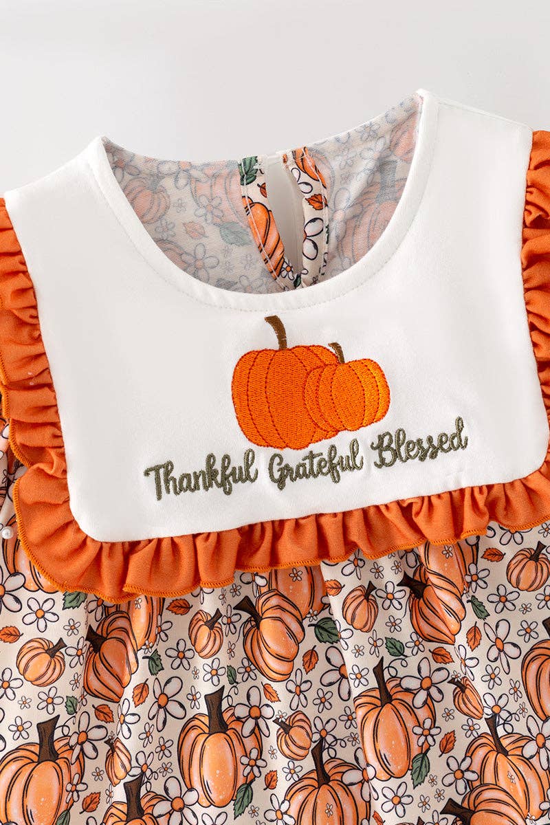 Thankful grateful Blessed" Embroidered dress w/pumpkin print.