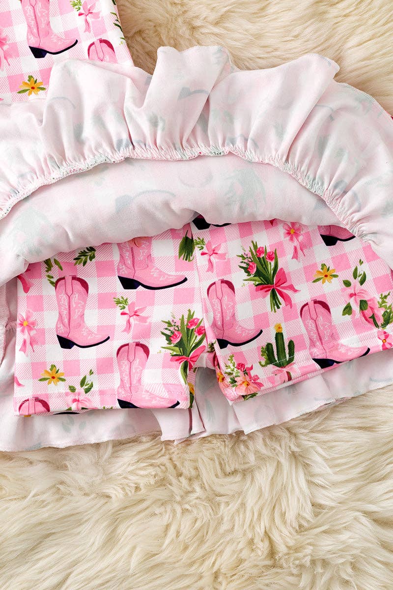 Pink Western boot printed crop top and 3 tiered layered skort. OFG61001 SOL: XL