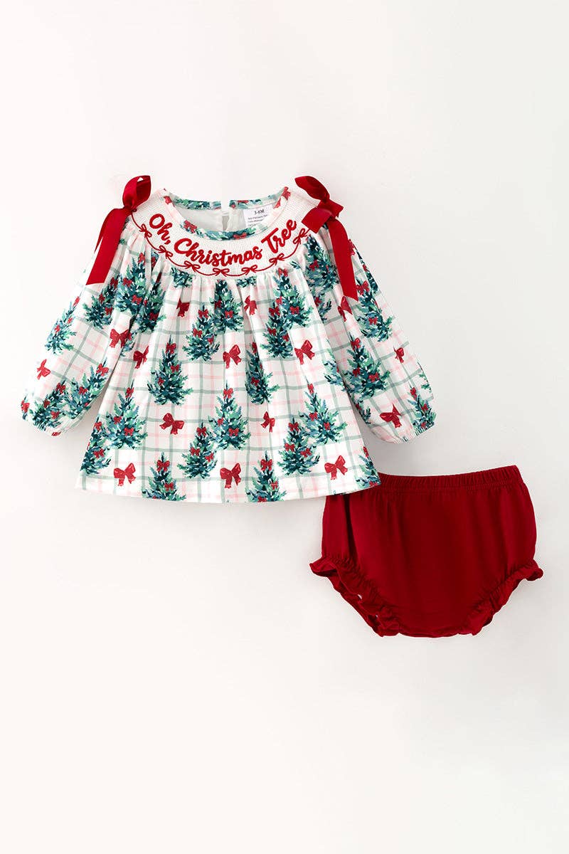 "Oh Christmas tree" Christmas tree printed tunic and red bloomers.