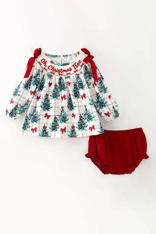"Oh Christmas tree" Christmas tree printed tunic and red bloomers.