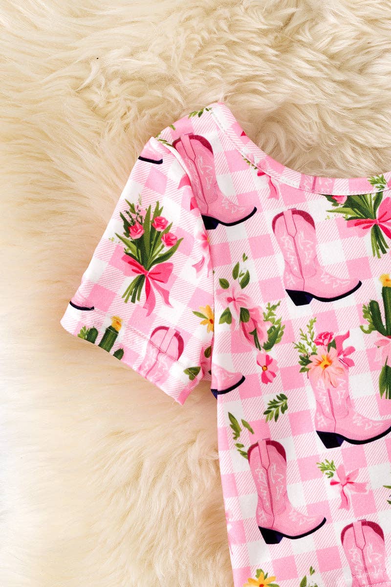 Pink Western boot printed crop top and 3 tiered layered skort. OFG61001 SOL: XL
