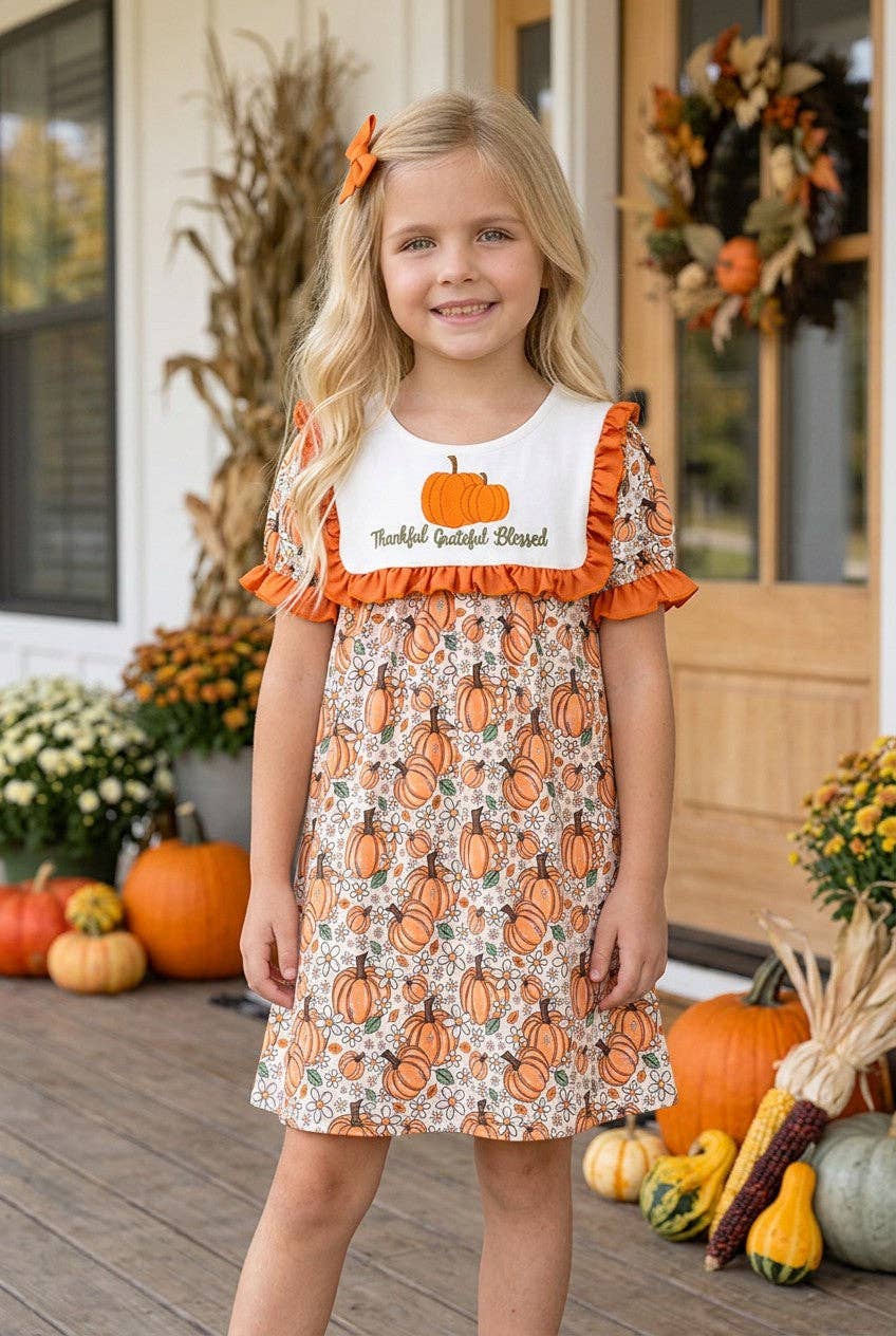 Thankful grateful Blessed" Embroidered dress w/pumpkin print.