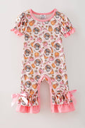 Turkey & pumpkin printed romper w/ pink ruffle hem.