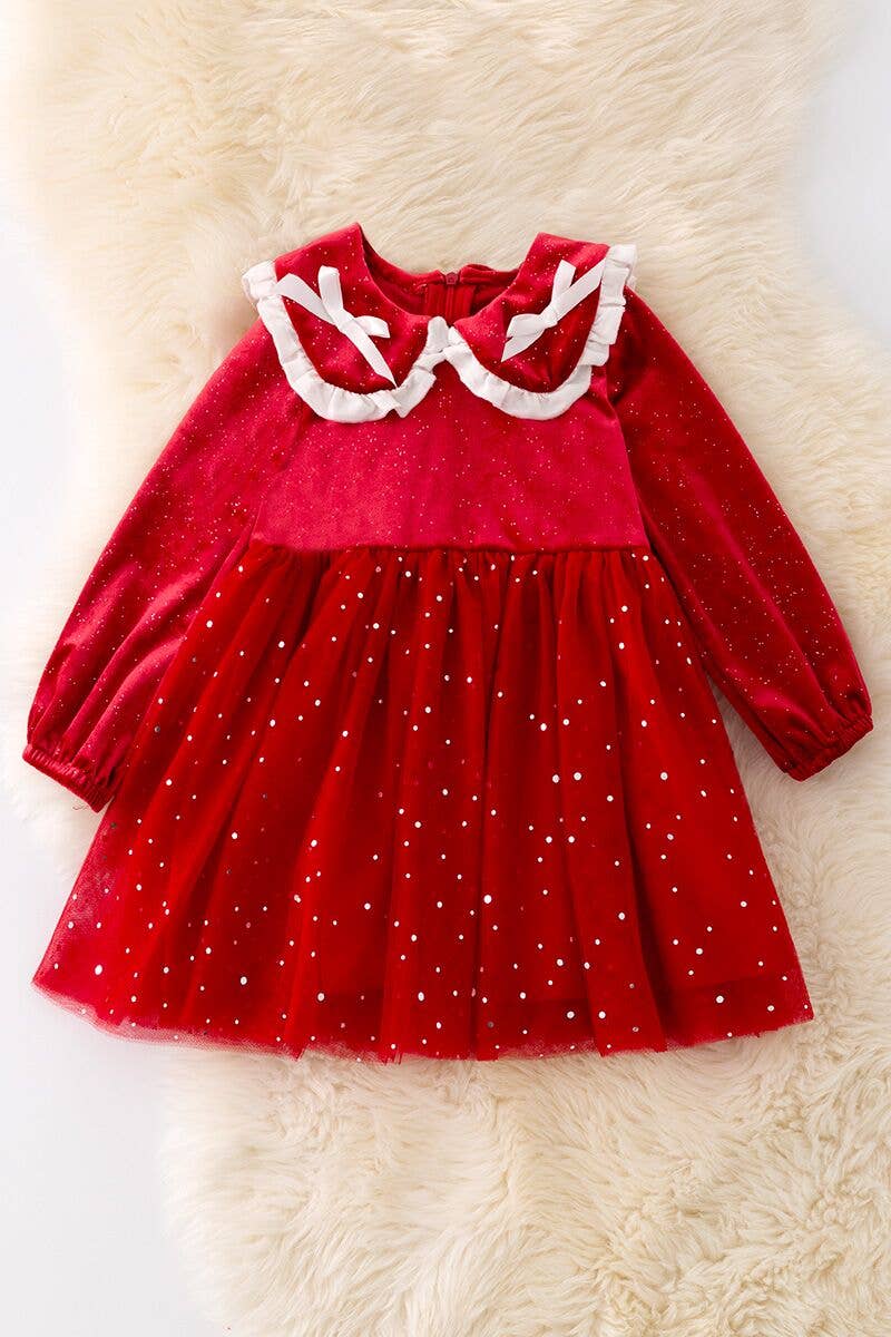 Shimmery red dress with fancy velvety fabric.: