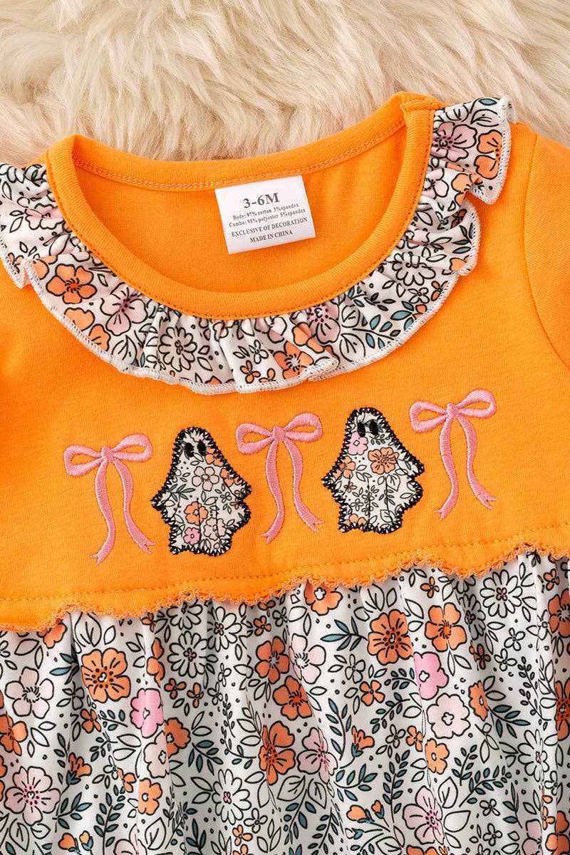 Floral ghost applique on orange baby romper