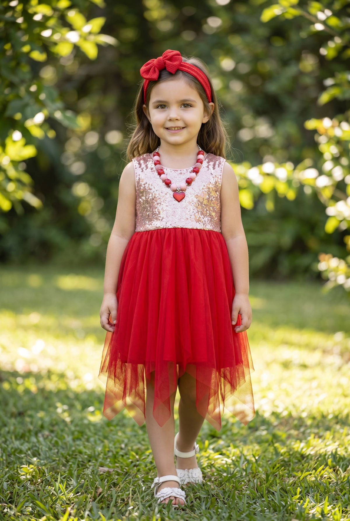 BLUSH SEQUINS WITH RED TULLE SKIRT DRESS.