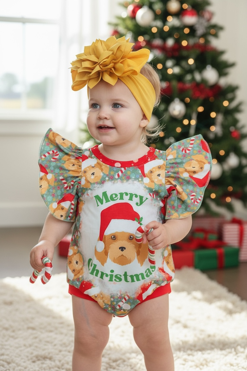 MERRY CHRISTMAS" CUTE DOG PRINTED ON BABY Cute baby bodysuit. WITH ANGEL SLEEVES