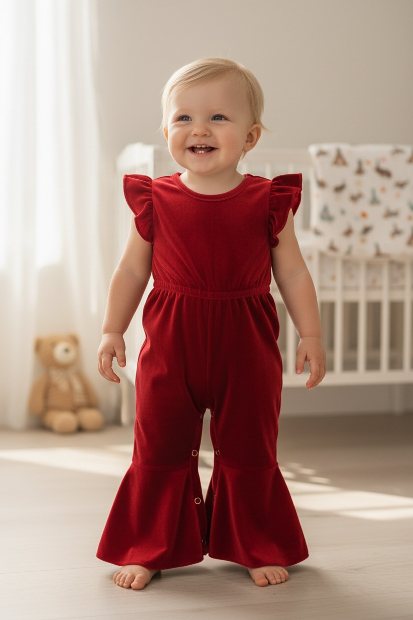 Red Velvety baby romper with snaps.