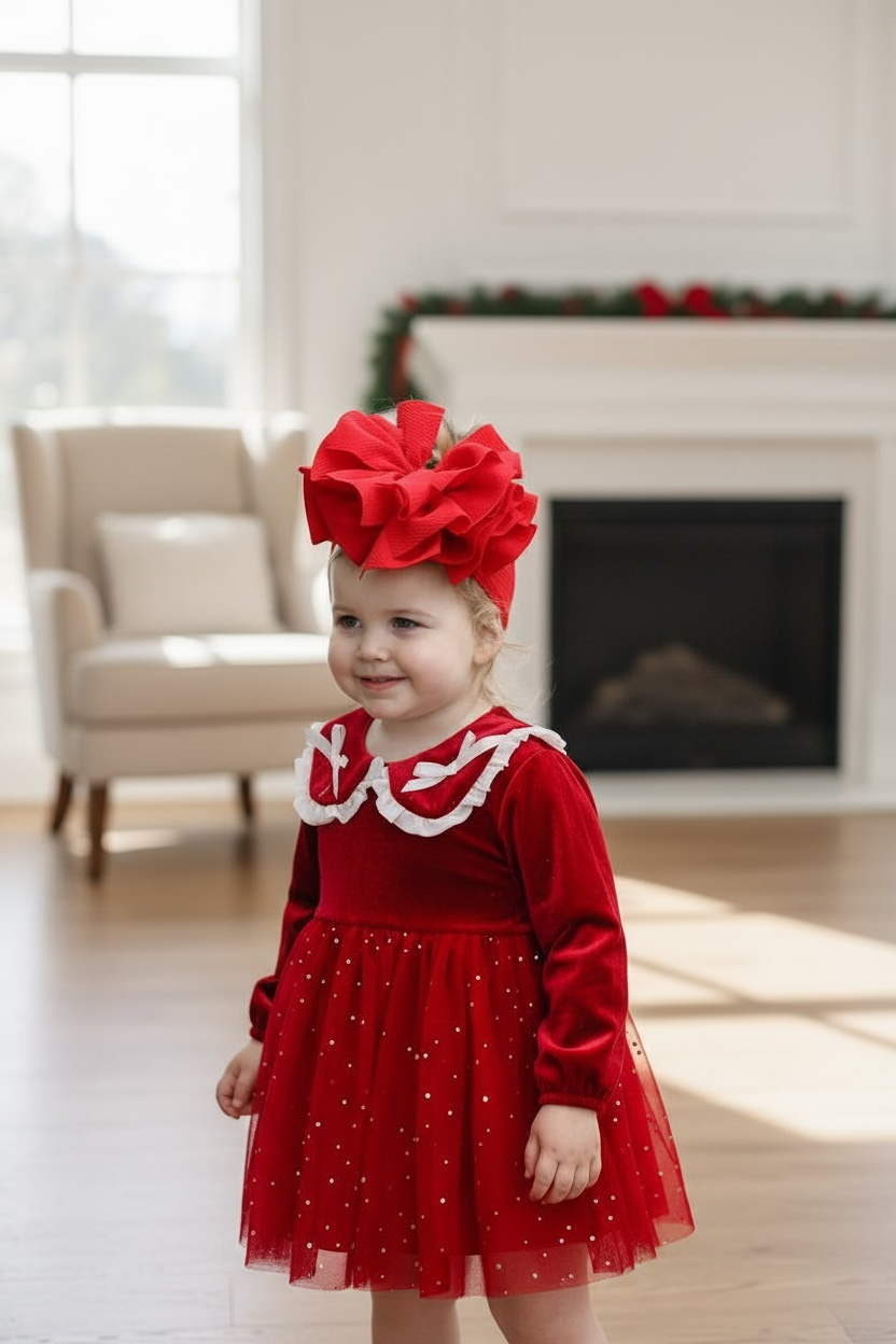 Shimmery red dress with fancy velvety fabric.: