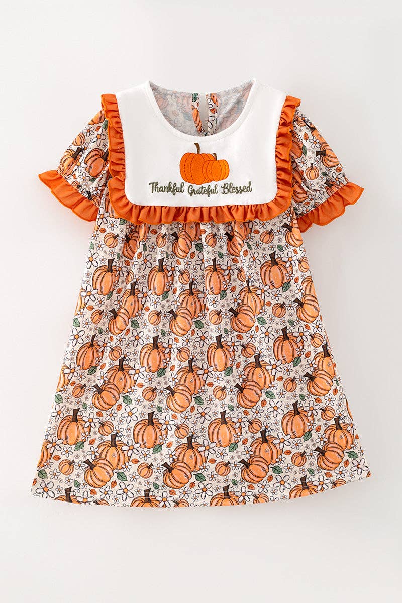 Thankful grateful Blessed" Embroidered dress w/pumpkin print.