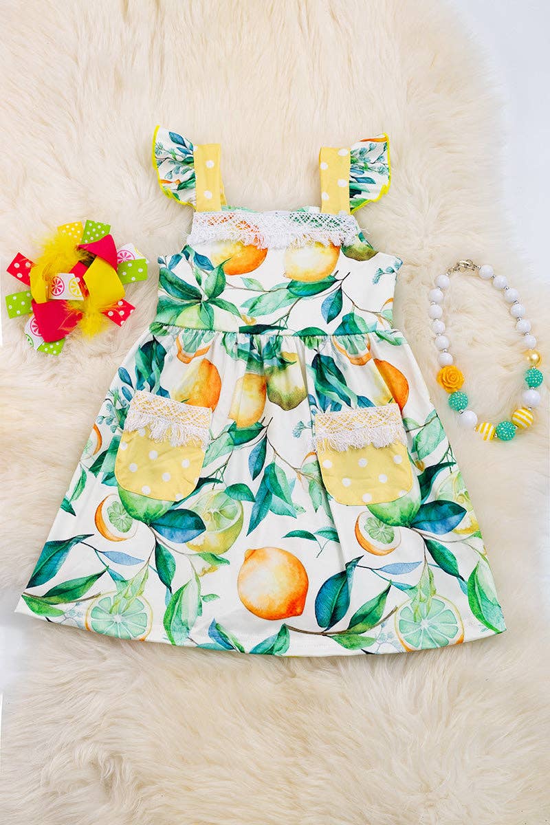 Lemon printed dress with lace detail & side pockets