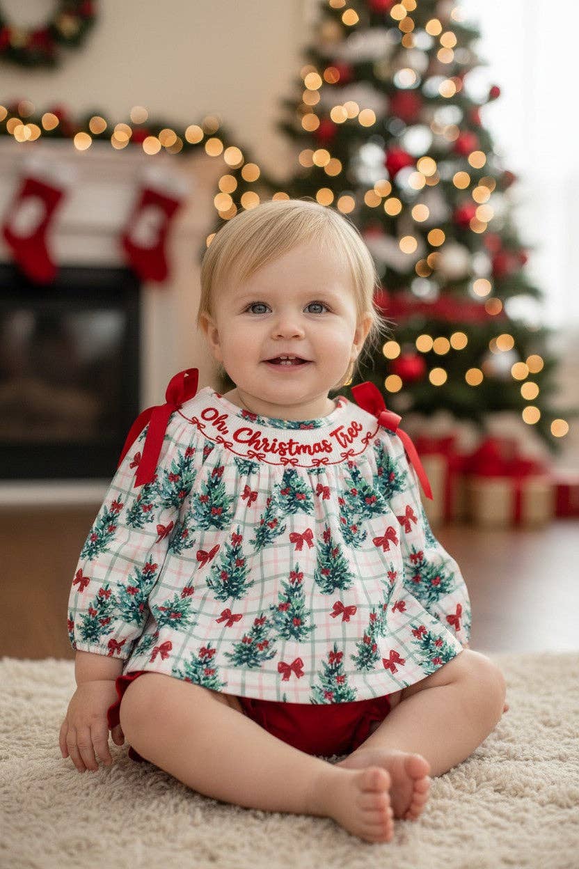 "Oh Christmas tree" Christmas tree printed tunic and red bloomers.