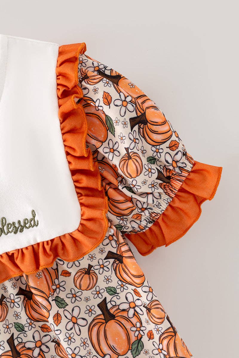 Thankful grateful Blessed" Embroidered dress w/pumpkin print.