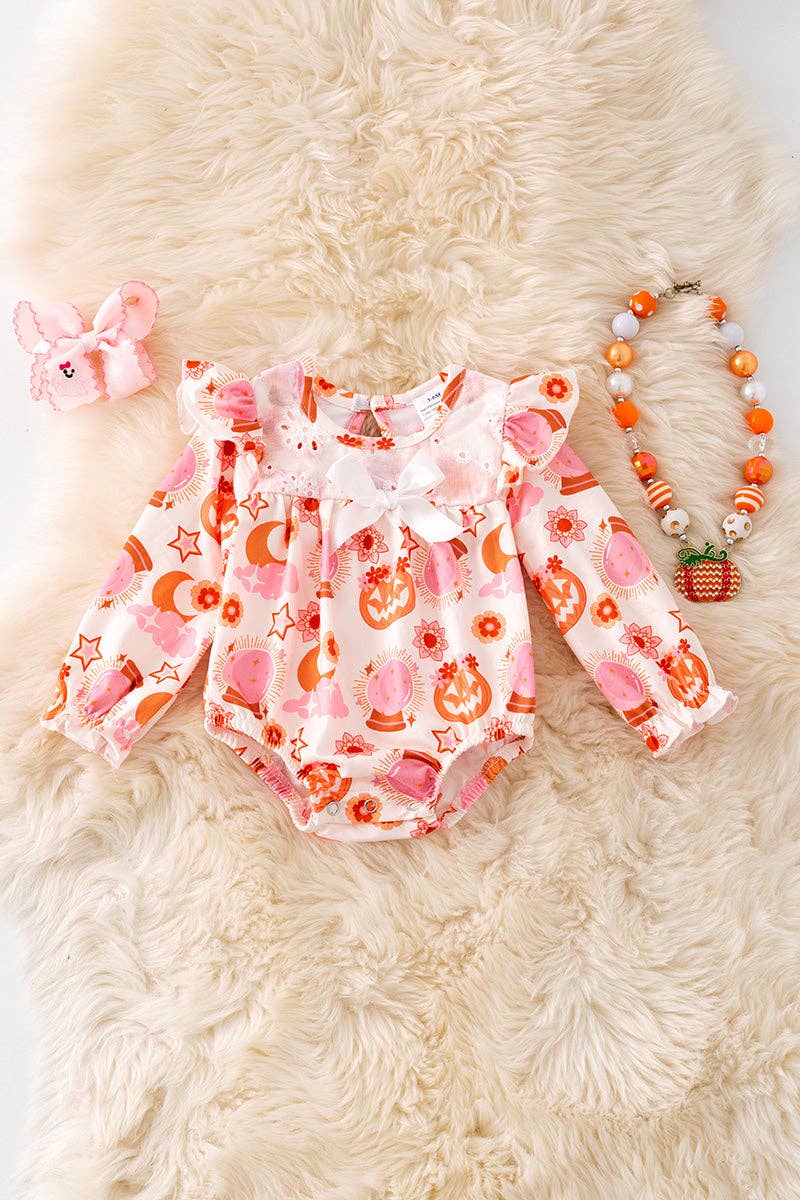 Mad pumpkin printed bubble baby bodysuit with embroidery.