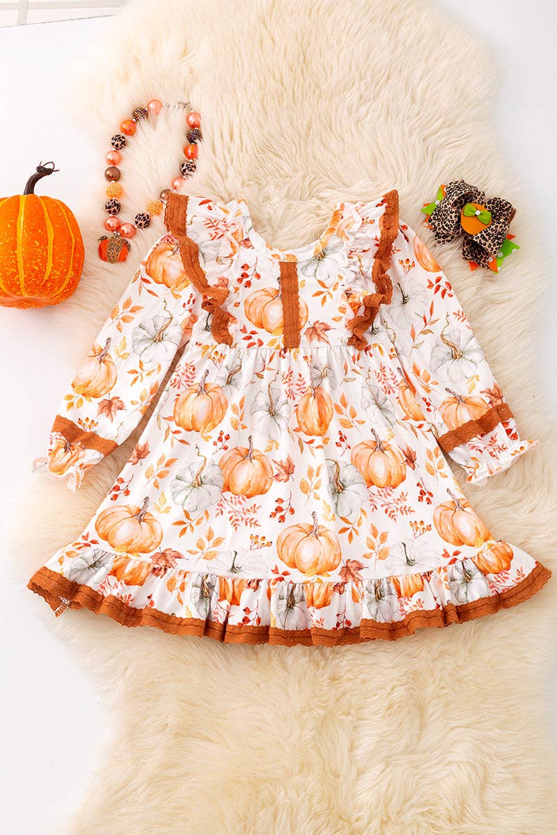 Pumpkin fall printed girls dress with angel sleeve. DRG53050 MON: XL