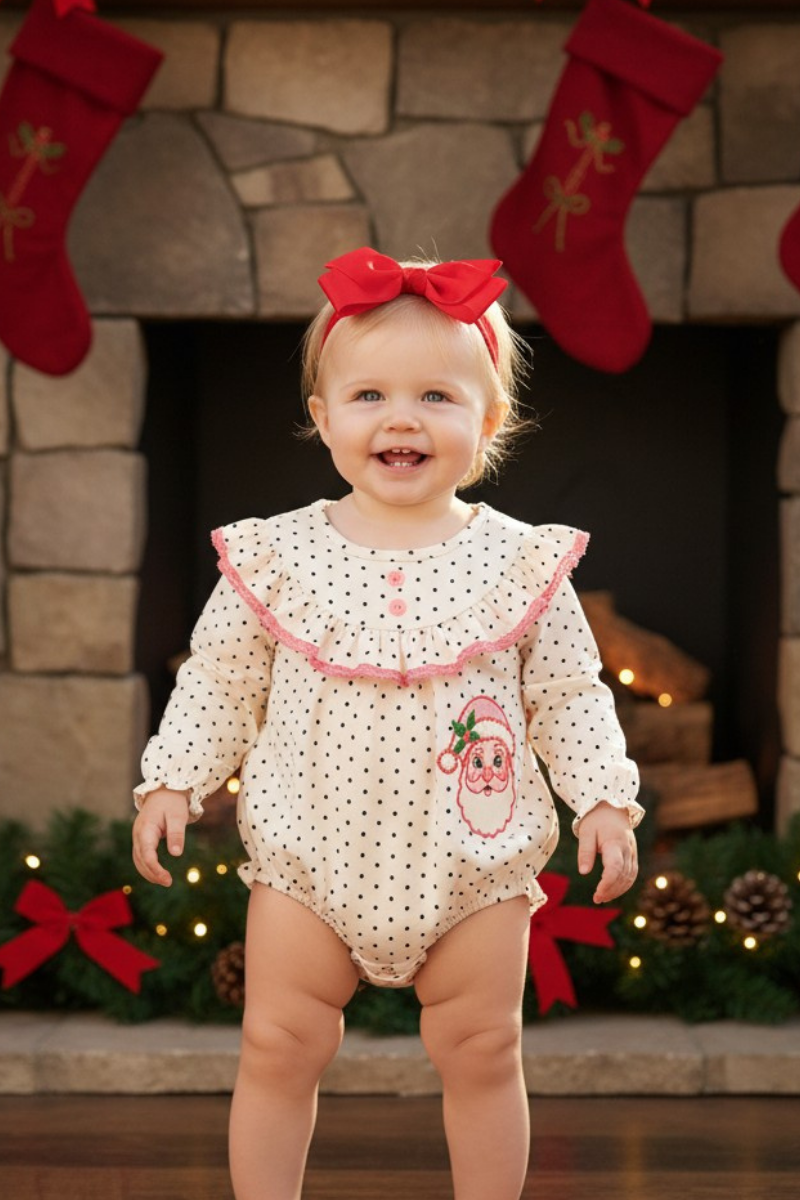 Polka dot printed w/ Santa embroidered baby bodysuit.