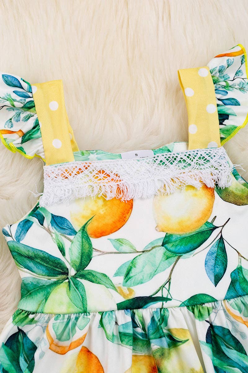 Lemon printed dress with lace detail & side pockets