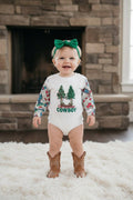 Christmas cowboy printed baby onesie with snaps.