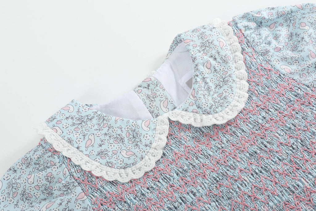 Floral Blue Dove Smocked Collared Dress: