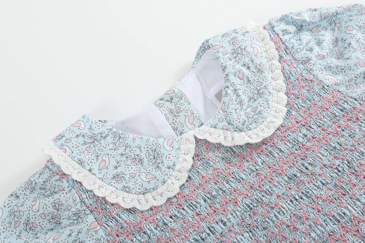 Floral Blue Dove Smocked Collared Dress: