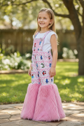 Dr. S multi-printed girls romper with faux fur. PNG50794 JEAN: M