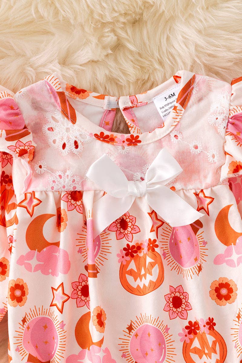 Mad pumpkin printed bubble baby bodysuit with embroidery.