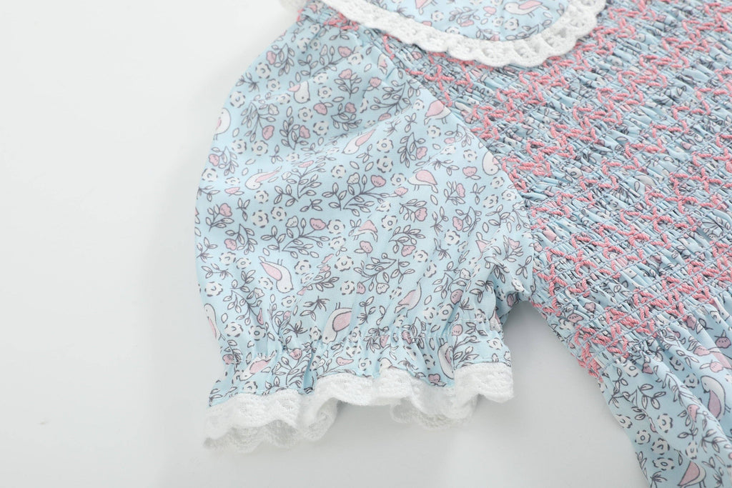 Floral Blue Dove Smocked Collared Dress: