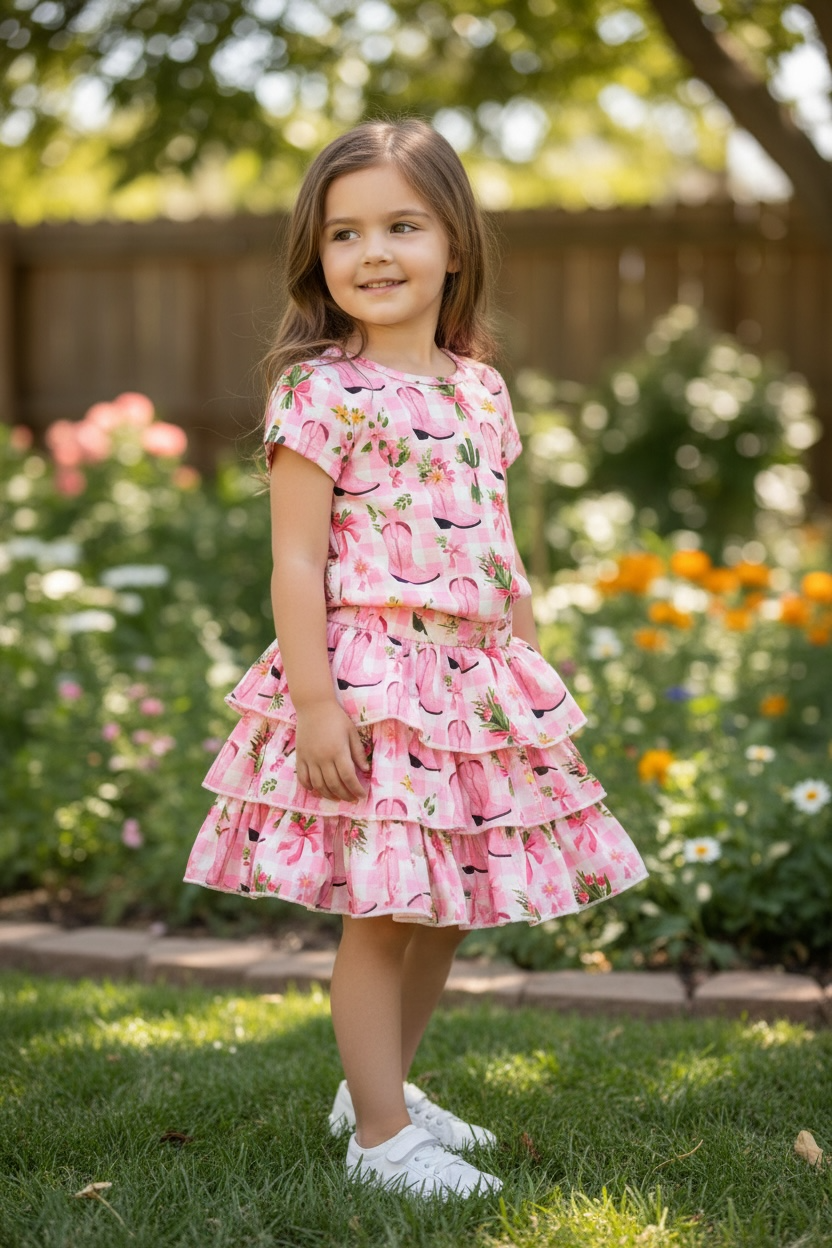 Pink Western boot printed crop top and 3 tiered layered skort. OFG61001 SOL: XL