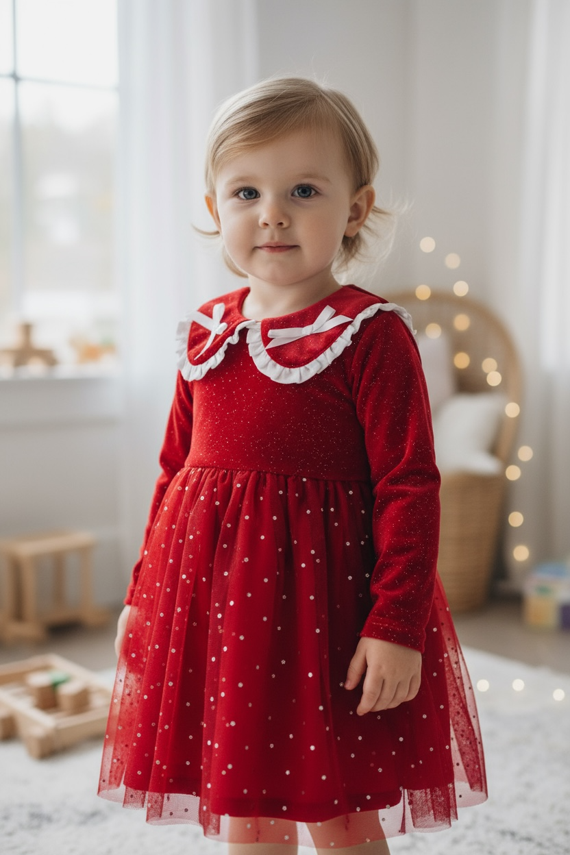Shimmery red dress with fancy velvety fabric.: