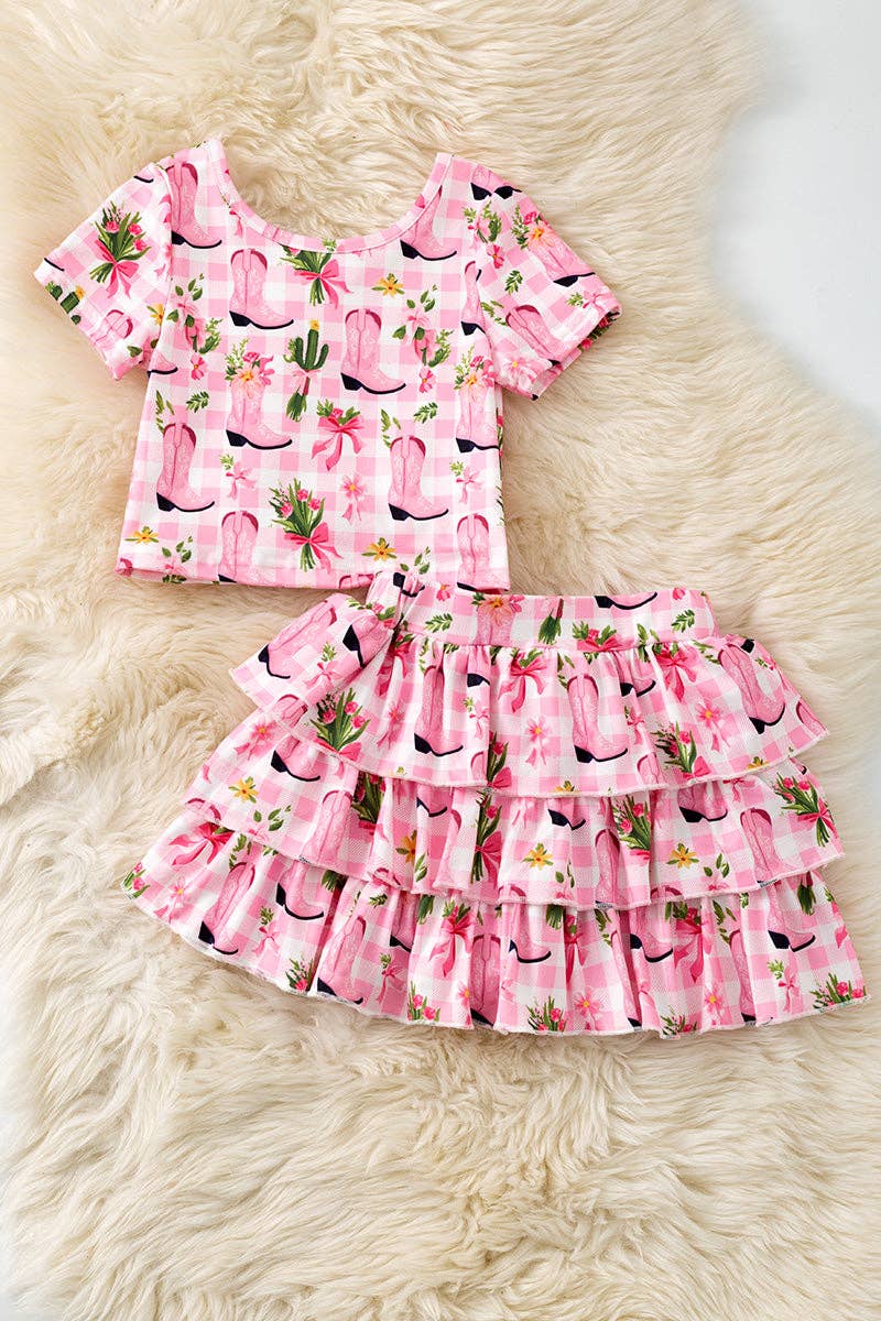 Pink Western boot printed crop top and 3 tiered layered skort. OFG61001 SOL: XL